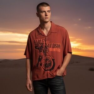 HARLEY-DAVIDSON ORANGE & BLACK Y2K BUTTON UP DUAL GRAPHIC PRINT SHIRT SIZE MED